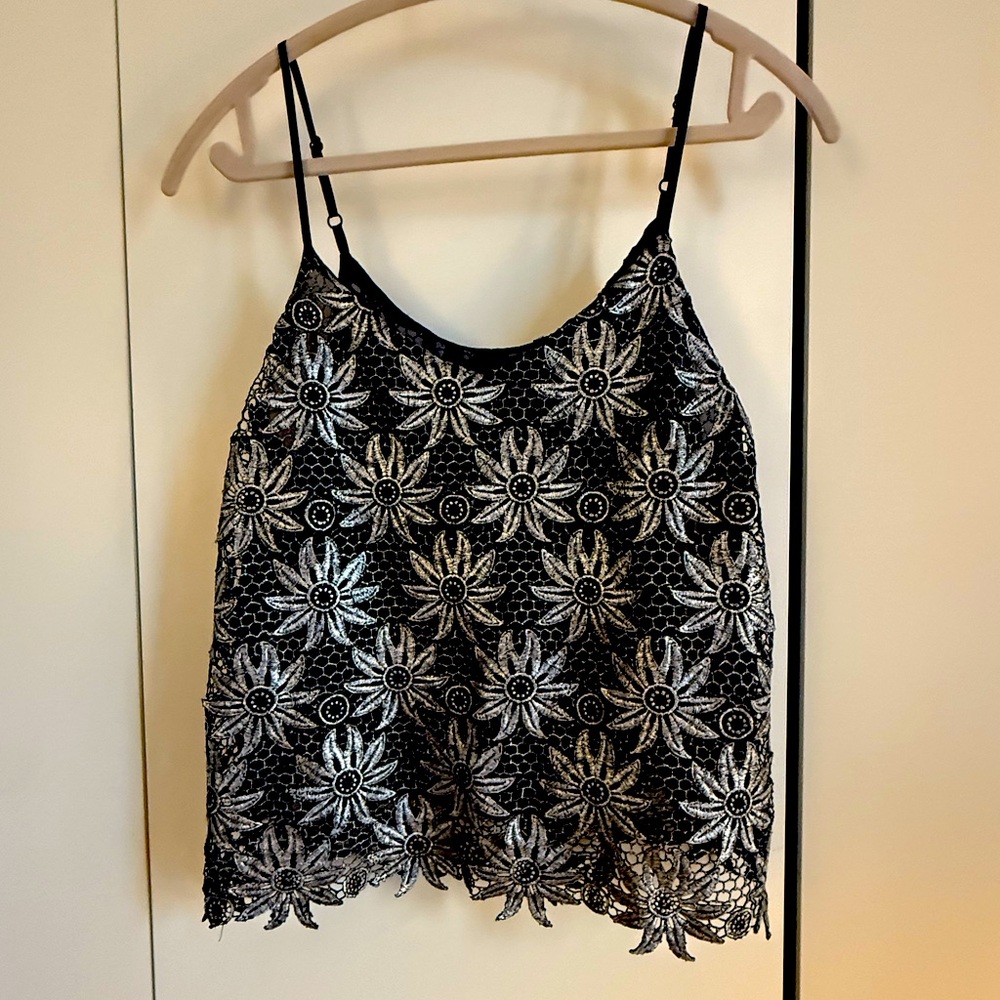Astr Spaghetti Strap Silver Metallic Coated Lace Tank
